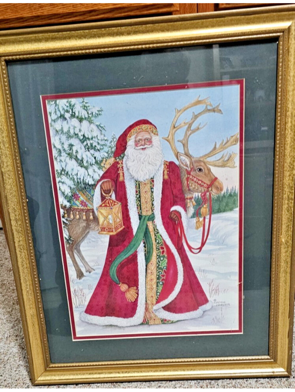 1990's Nadine Harper Father Christmas Woodland Forest Animals Framed Art Signed